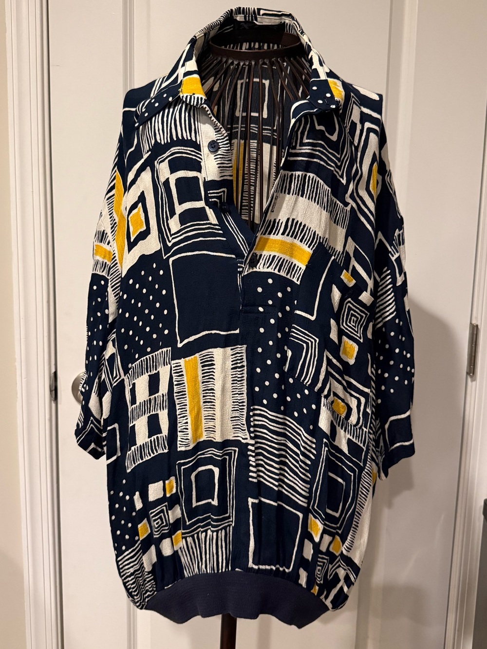 Women’s Vintage oversized blouse. Navy Geometric Print Shirt with Yellow Accents